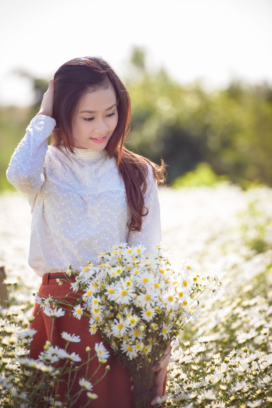 Em xinh dịu dàng cùng với hoa cúc Họa Mi